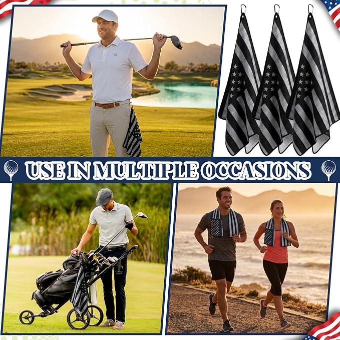Batiyeer 3 Pack American Flag Caddy Golf Towels Summer Gifts Large 4th of July Caddy Towel for Bags 16 x 24 Inch Microfiber Waffle Pattern with Carabiner Clip Ultra-Absorbent Golfing Gear for Men