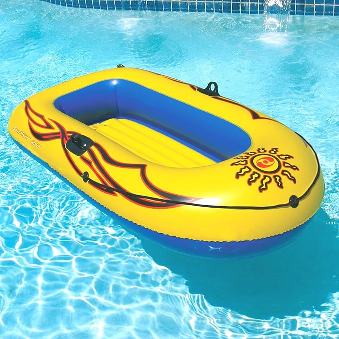 SOLSTICE Inflatable Boat Rafts 2 Person for Adults & Kids Comes W/ Oars Paddles Pump Pole Oar Holders Cushioned Comfortable Base Grab Line 6 Ft Size Sunskiff Kits Dinghy Air Floor Yellow