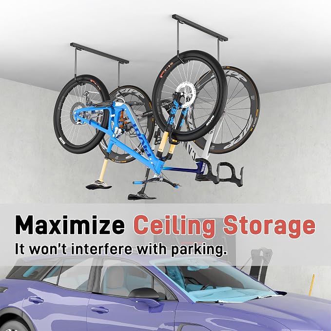 Ultrawall Ceiling Bike Rack for Garage, Indoor Bike Storage Hanger for up to 2 Bikes (Horizontally), 4 Bikes (Vertically) with Adjustable Cycling Hooks, 25 Inch