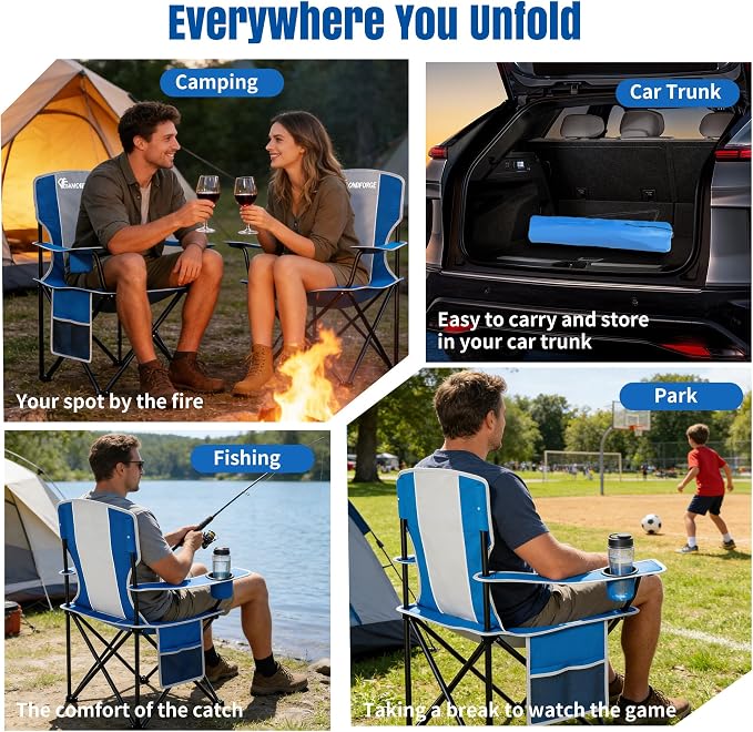 Oversized Camping Chair, 500 LBS High Back Lawn Chairs Folding (Blue Gray) | Portable Outdoor Heavy Duty Folding Camping Chair for Adults, with Cup Holder for Picnic, Lawn, Beach, Fishing and Sports