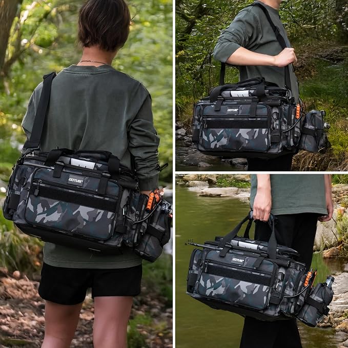 Goture Fishing Tackle Bag, Store Up to 4PCS 3700 Plus 2PCS 3600 Tackle Trays(Not Included), 600D Soft Side Gear Fishing Bag with Rod Straps,Detachable Water Bottle Pouch,Waterproof Bottom,SBS Zippers