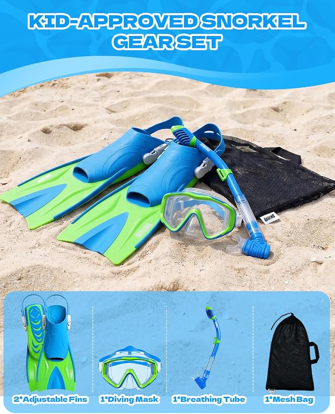Aegend Snorkeling Gear for Kids Youth – 4-in-1 Snorkel Set with Anti-Fog Mask, Dry Snorkel & Adjustable Fins for Swimming, Diving, Snorkeling, Beach Vacation – Includes Travel Mesh Bag