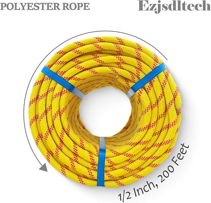 1/2 in x 200 ft Polyester Arborist Rigging Rope, Yellow Braided Tree Climbing Rope 48 Strands for Farm Work and Swinging