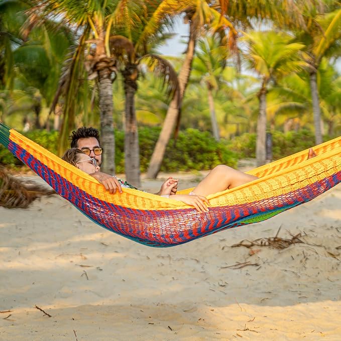 Lazy Daze Hammocks Handwoven XL Mayan Hammock, 10.5 FT Soft Rope Double Hammocks, Portable Outdoor Hammock with Carry Bag, 2 Straps & Carabiners for Patio Outside, 550 lbs Weight Capacity, Multi Color