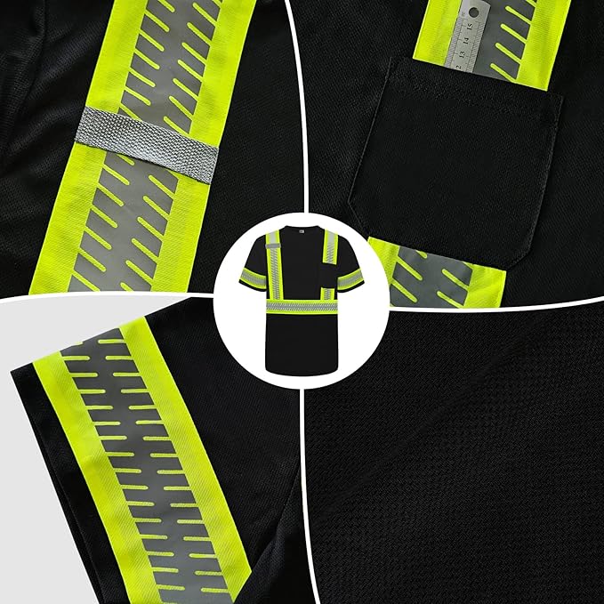 TCCFCCT Safety Shirts for Men Class 3 High Visibility Shirts with Short Sleeves, Hi Vis Reflective Shirts for Men Women, Construction Work Shirts with Green Edge, Durable & Breathable, DT-Black S