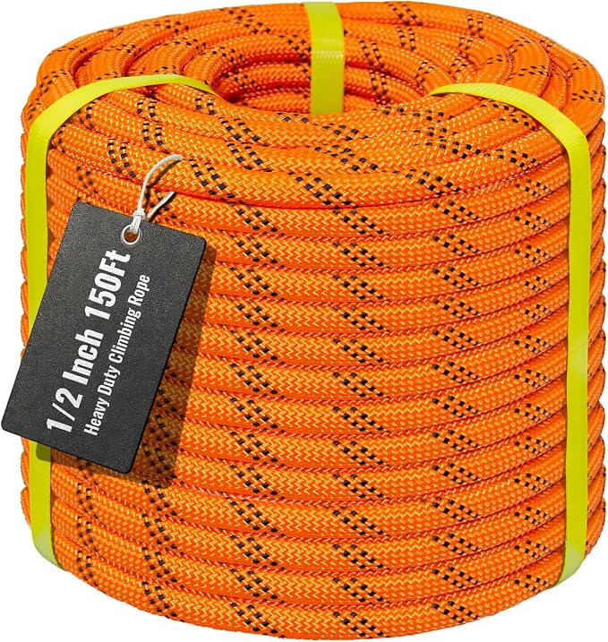 1/2Inch Arborist Rope 150Ft - 9000lbs Heavy Duty Nylon Rope Rappelling Rope, Double Braided Arborist Bull Rope for Tree Work, Hiking, Rigging, Pulling, Swing, Caving, Sailing - Orange