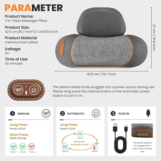 3-in-1 Neck Massage Pillow—with Heat, Massage, and Traction Stretching,Deep Tissue Massage Relieves Shoulder and Neck Muscle Pain and Stiffness,Suitable for Men and Women, Grey