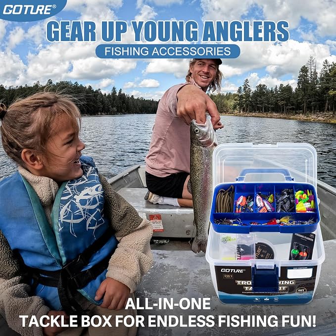 Goture 2-Layer Fishing Tackle Box with Trout Fishing Lures Kit Included, Portable Tackle Organizer with Hooks Sinkers Spinners & Soft Baits, Ideal Fishing Gifts for Men Anglers