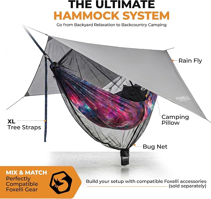 Foxelli Camping Hammock – Ultralight Hammock for Backpacking, Hiking, Festivals, Travel - Easy Setup with Tree-Friendly Ropes & Steel Carabiners, Heavy Duty Parachute Nylon