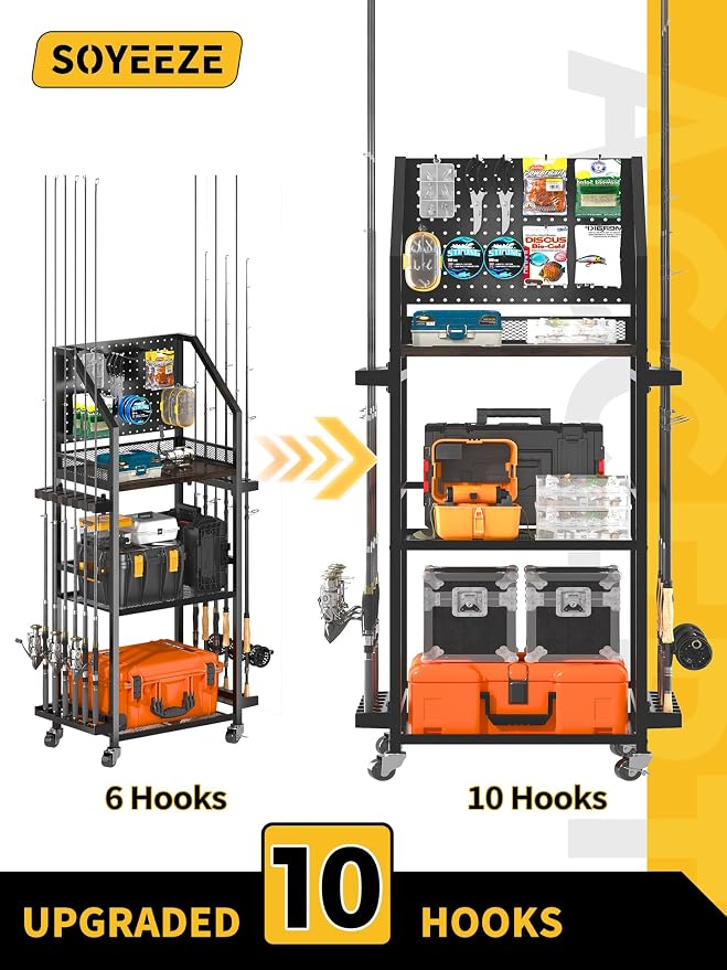 SOYEEZE Fishing Rod Holders for Garage with Pegboard and Lockable Wheels, 3-Tier Fishing Pole Rack with 10 Hooks, Fishing Gear Tackle Box Organizer Up to 12 Rods, Rolling Fishing Storage Cart