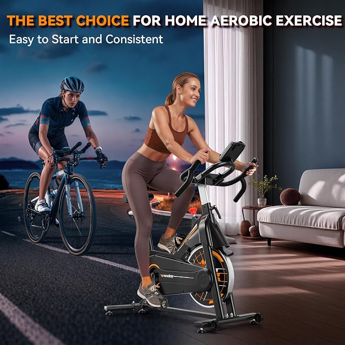Wenoker Exercise Bike,Indoor Spin Bike with Adjustable Resistance Bluetooth Fitness App, 350 LBS Heavy Duty Frame,Smooth Quiet Belt Drive, Adjustable Handlebars & Seat with Transport Wheels