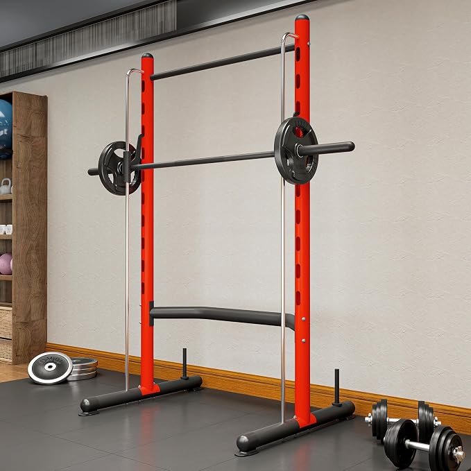 Soozier Squat Rack with Pull-Up Bar, Adjustable Power Rack with Barbell Bar, Multi-Functional Steel Bench Press Rack for Home Gym Strength Training, Black
