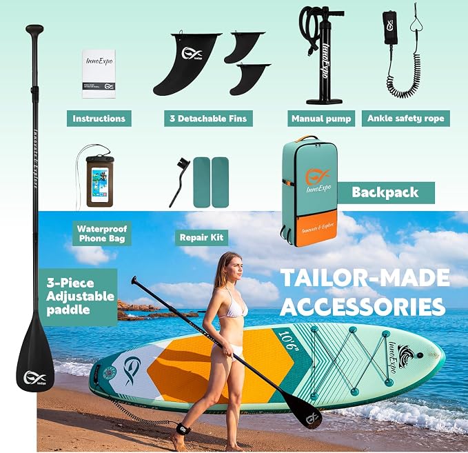 InnoExpo Inflatable Stand Up Paddle Boards with Premium Accessories, Wide Stable SUP Paddle Board Design, Non-Slip Comfort Deck for Youth & Adults