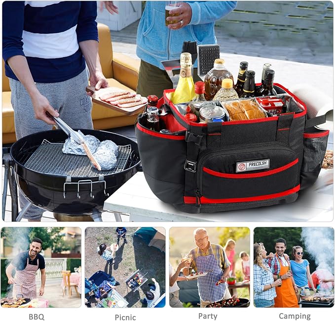 Large BBQ Organizer with Molded Hard Base, Compatible with Blackstone Outdoor Utensil Bag for Camping, Picnic & Tailgating, Portable Cooking Accessories Tote, Gift for Men