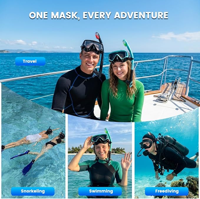 2 Pack Snorkel Mask for Adults - 180° Panoramic View, Anti-Fog Shatterproof PC Lens, Dry Snorkel Set for Diving, Swimming & Travel