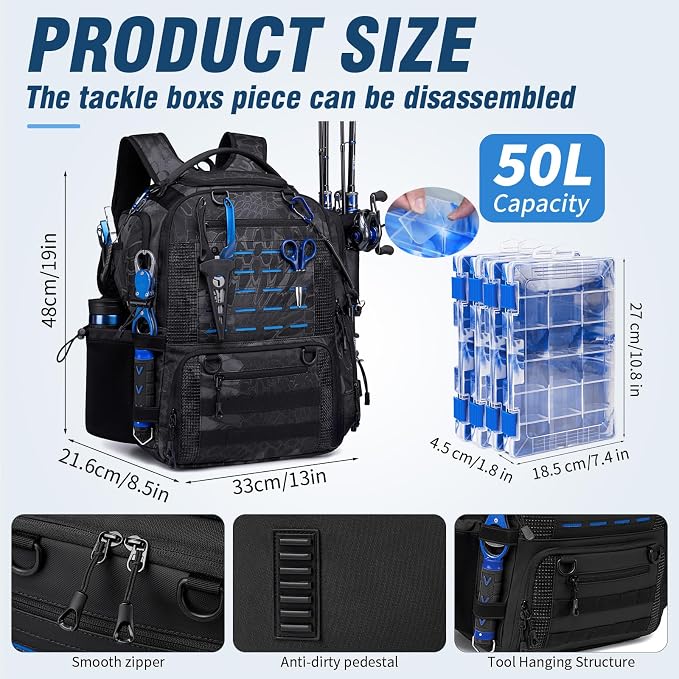 Fishing Tackle Backpack with Tackle Boxes, Two Rod Holders, Bottle Holder, 50L Waterproof Tackle Bag for Fishing Gear, Fish Gifts for Men, Black Camo (4 Tackle Boxes Included