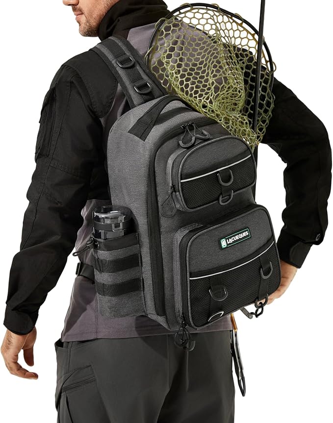 22L Wading Fishing Tackle Sling Bag, Holds 3x 3700 Boxes, Grey | Hands Free Lure Casting, Large Crossbody Shoulder Backpack with Rod Holder, Water Bottle Holder, 12 Heavy Duty D Rings