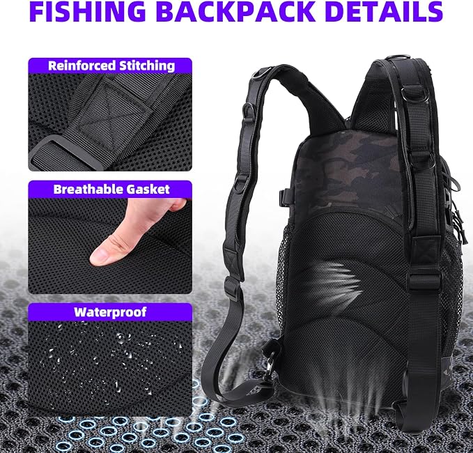 Jaylene 16.5Inch Fishing Backpack with Tackle Boxes, Fishing Backpack with Rod Holder, Waterproof Sling Tackle Bag For Gear With Lures, Pliers, Fish Lip Gripper Gifts for Men(103PCS Tool Kit)