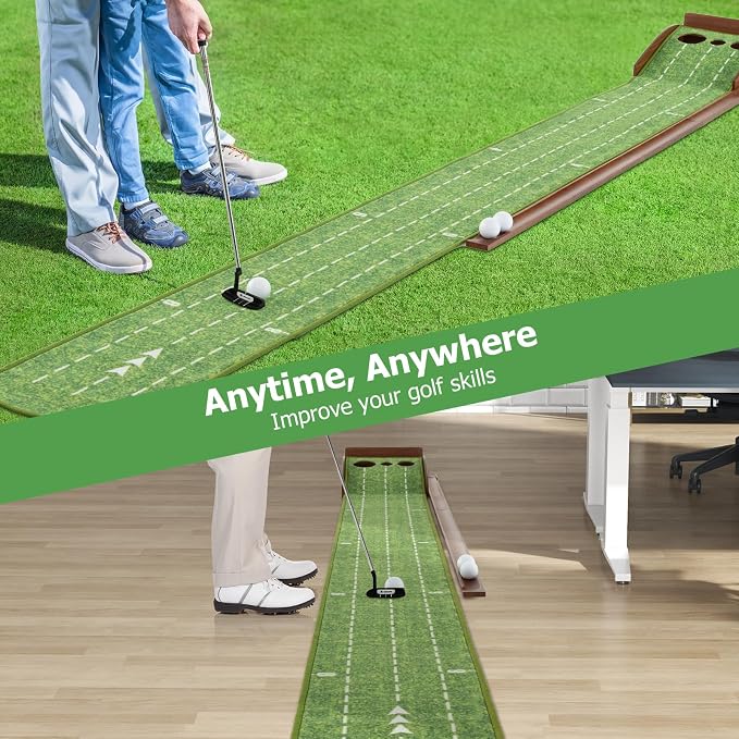 GYMAX Putting Mat, Golf Putting Green Indoor with 2/3 Hole, Golf Practice Mat with Auto Ball Return, Golf Training Aid Putter Alignment for Home Office, Golf Accessories Gift