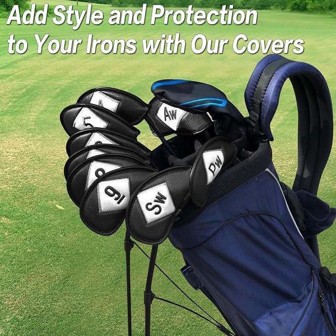 FINGER TEN Premium Synthetic Leather Stylish Iron & Wedge Golf Head Covers Value 12 Piece Set, Embroidered Labels & Fits Most Clubs Gift Set, Travel Protection Accessories