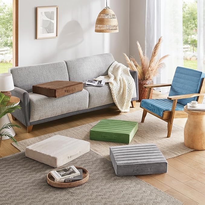Codi High Density Foam Floor Pillow 2 Sets, Large Meditation Cushions Seating for Adults and Yoga Sitting, Washable Thick Couch Cushion with Soft Tufted Covers - 22 inch Ivory