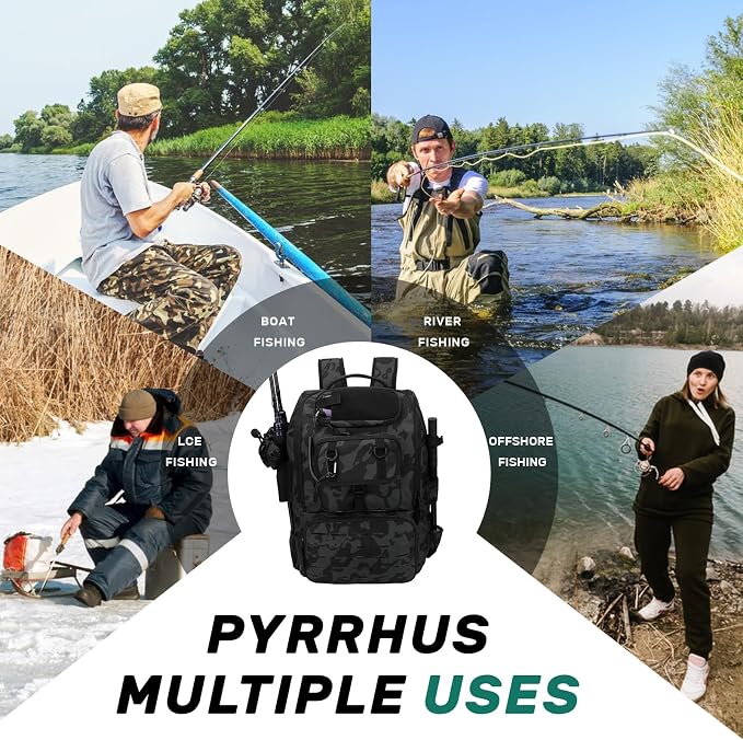 Pyrrhus 40L Fishing Backpack with Rod Holders & Insulated Cooler Compartment, Camping Cooler Tackle Storage for Anglers