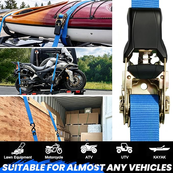 Ratchet Straps Medium Duty 4 Pack -1 Inch x 15 Feet (1,823LB Break Strength)- Motorcycle Tie Down Straps -Soft Loops with Bungee Cords- Ratchet Tie Down Set for Powersports, Motorcycle or Moving Cargo