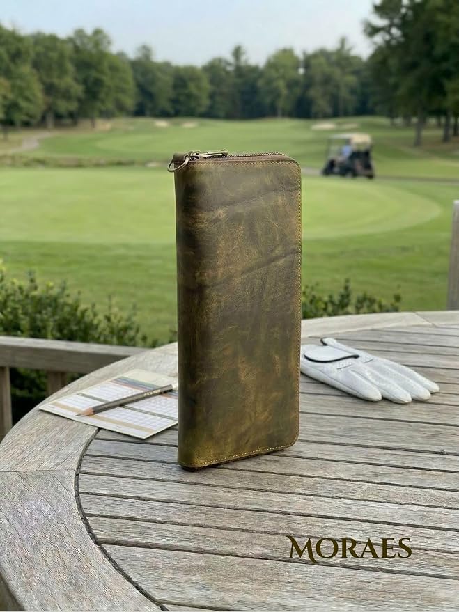 MORAES Genuine Leather Golf Glove Case Holder – Genuine Crazy Horse Leather Golf Wallet – Vintage Style Zippered Organizer Pouch – Keeps Gloves Flat & Dry – Premium Golfer Gift