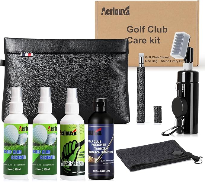 7-in-1 Golf Club Cleaning Kit - Club Cleaner, Grip Cleaner, Polish, Water-Spray Brush, Groove Cleaner, Magnetic Towel & Portable Bag | Restores Clubs, Removes Rust/Scratches, Renews Tackiness