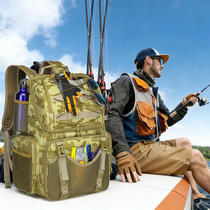 RUCYEN Fishing Backpack, 45L Large Cooler Fishing Tackle bag with Rod Holders & Rain Cover, Water-resistant Store Gear (Khaki Camo)