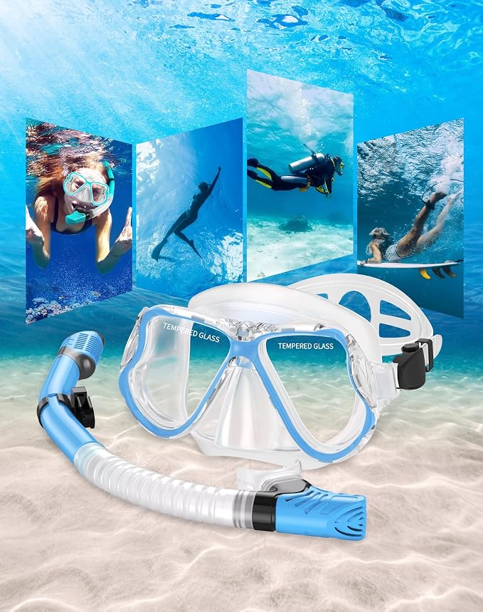 Greatever Dry Snorkel Set,Panoramic Wide View Anti-Fog Scuba Diving Mask,Professional Snorkeling Gear for Adults Kids