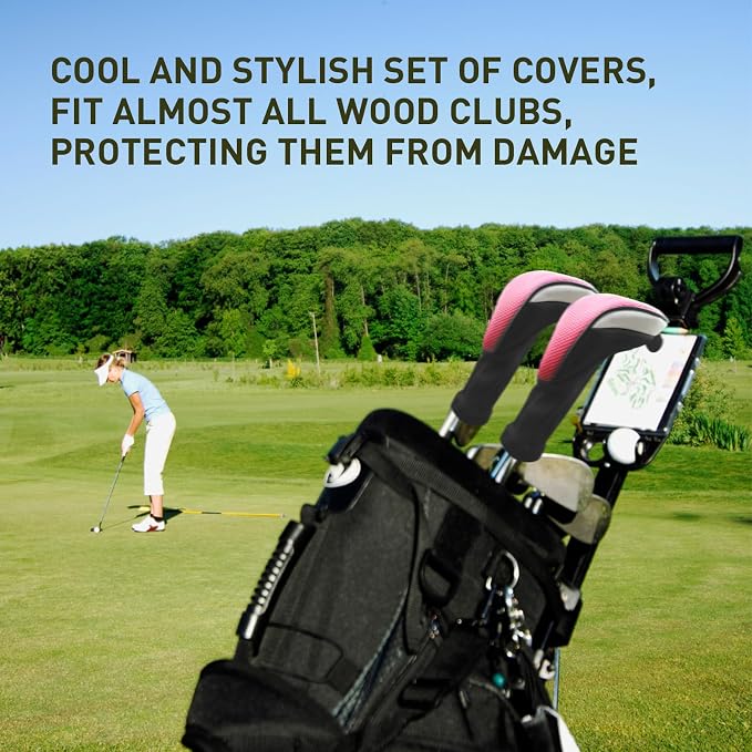 Golf Club Head Covers for Woods Driver Fairway Hybrids Value 6 Pack, Long Neck for Serious Protection with Interchangeable Tags 3 4 5 7 X, Headcovers for Men Women in Black & Pink