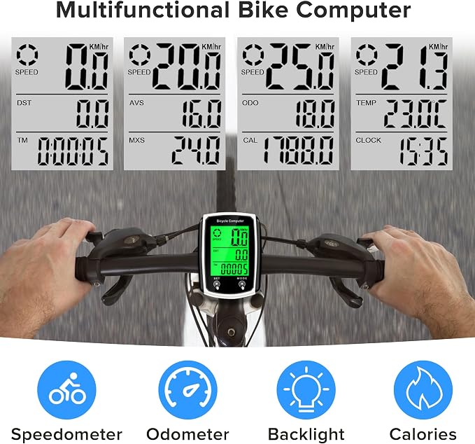 Bike Computer and Bicycle Odometer Wired MPH KM/H Bike Speedometer with Automatic Wake-Up Cycling Speed Tracker LCD Display & Single Mileage & Multi-Functions Accessories