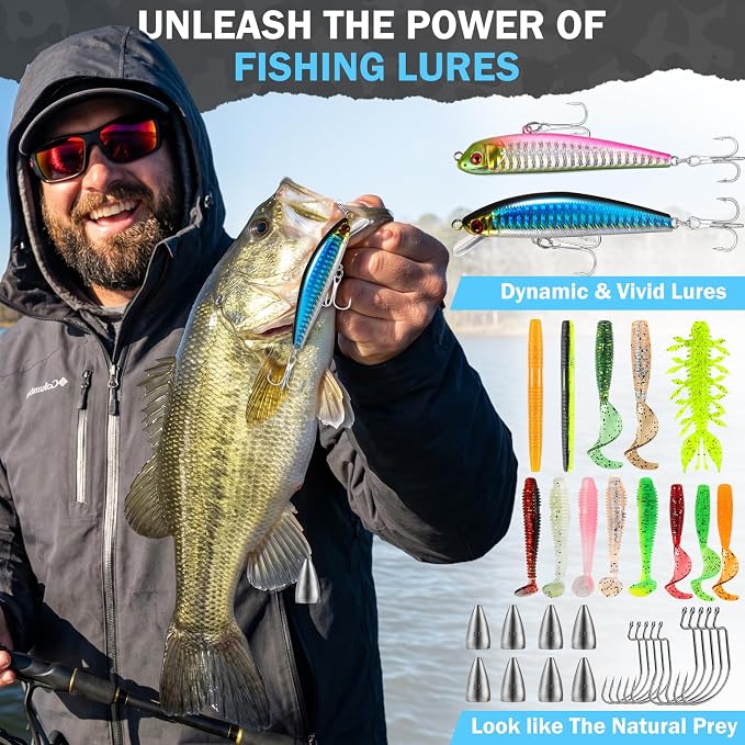 PLUSINNO Fishing Gear, Fishing Backpack with Tackle Box, Waterproof tackle Backpack with Rod Holders, Lures, Tools, Pliers & Accessories, Fish Gifts for Men