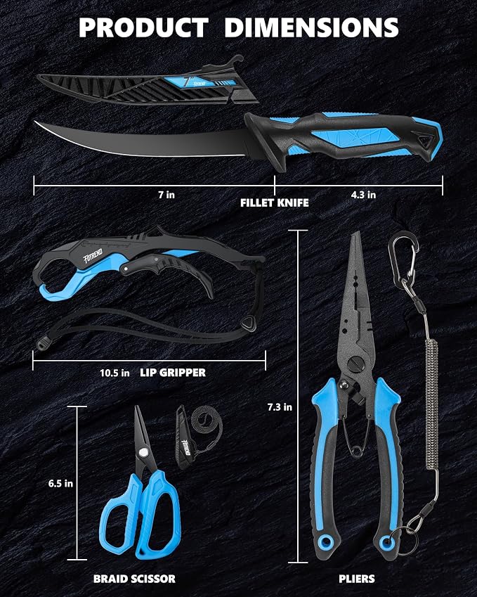 Fishing Tool Kit, Fishing Gear and Gifts for Men | Fishing Plier with Sheath, Fillet Knife, Fishing Scissors, Fish Lip Gripper, Tool Retractor, Keychain Bottle Opener