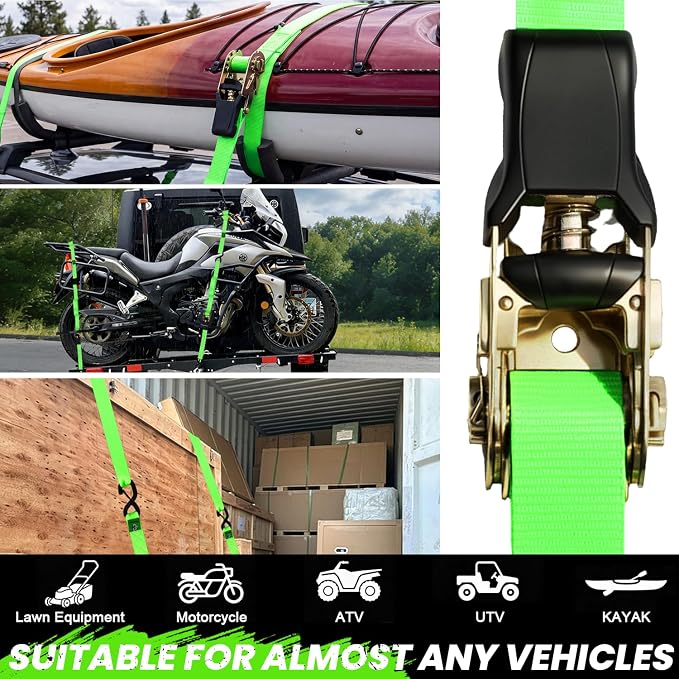 Ratchet Straps Medium Duty 4 Pack -1 Inch x 15 Feet (1,823LB Break Strength)- Motorcycle Tie Down Straps -Soft Loops with Bungee Cords- Ratchet Tie Down Set for Powersports, Motorcycle or Moving Cargo
