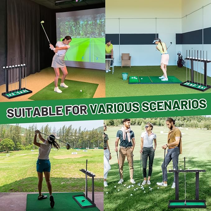 Blosssound Golf Putter Stand for 8 Clubs & 12 Balls Wooden Golf Club Holder Golfs Rack Display Organizer Storage with Artificial Grass Mat for Sports Indoor Home Garage Accessories