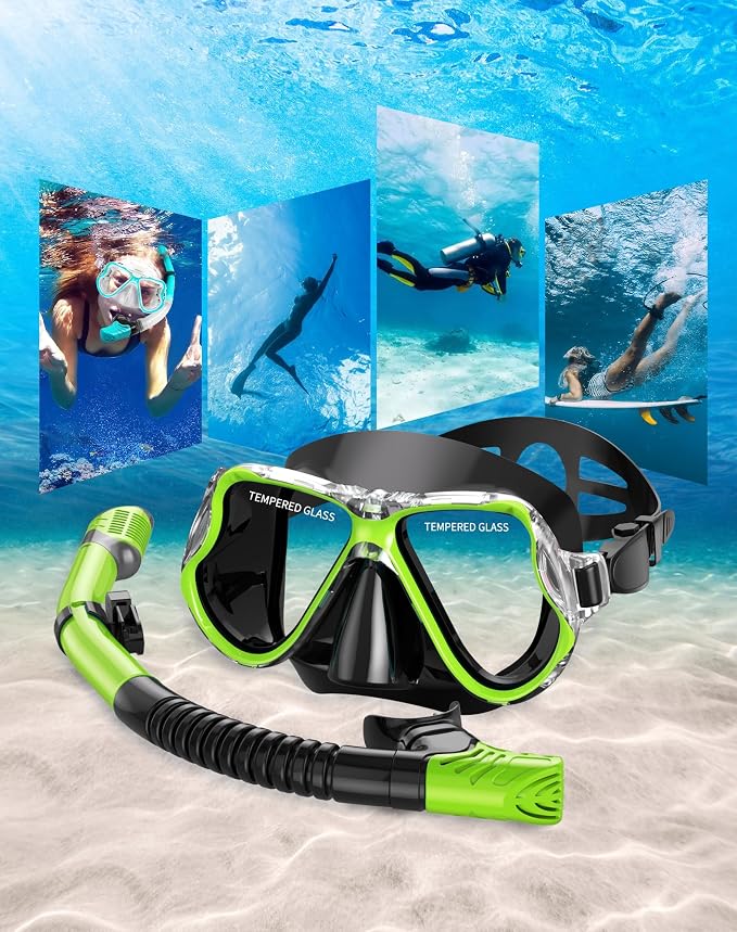 Greatever Dry Snorkel Set,Panoramic Wide View Anti-Fog Scuba Diving Mask,Professional Snorkeling Gear for Adults Kids