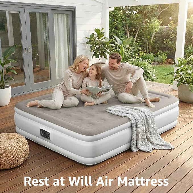 YENING Full Size Air Mattress with Built in Pump Raised Double Blow up Bed Inflatable Camping Airbed Electric 18 Inch Tall Grey