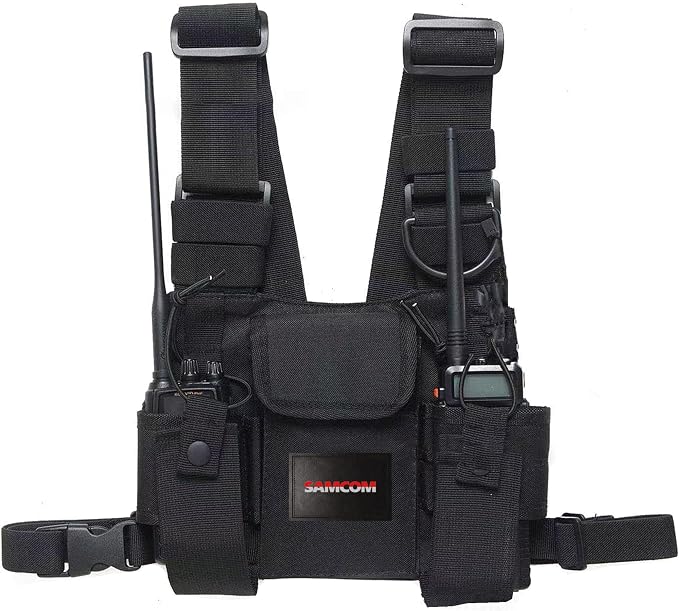 SAMCOM Radio Chest Harness with Adjustable Shoulder Holster, Tactical Vest Radio Vest Holder Two Way Radio Vest Rig, Walkie Talkie Storage Bag with Pack Pouch (1 Pack, Black)