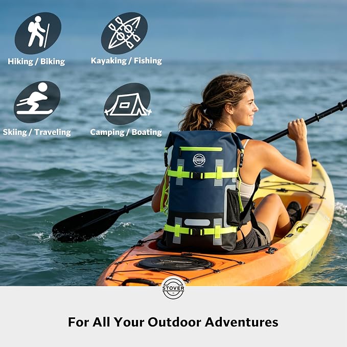 STOVER 30L Waterproof Dry Backpack & Phone Case - X-Large Floating Dry Bag for Kayaking, Travel, Hiking, Fishing, Camping, Motorcycles & Beach, Heavy-Duty Roll Top Men/Women (Navy Blue/Black/Green)