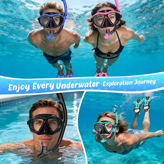 Snorkeling Gear for Adults, Mask Fin Snorkel Set, Dry Top Snorkel Mask, Panoramic View Anti-Leak Anti-Fog 3 in 1 Snorkeling Kit Travel Diving Package with Storage Bag