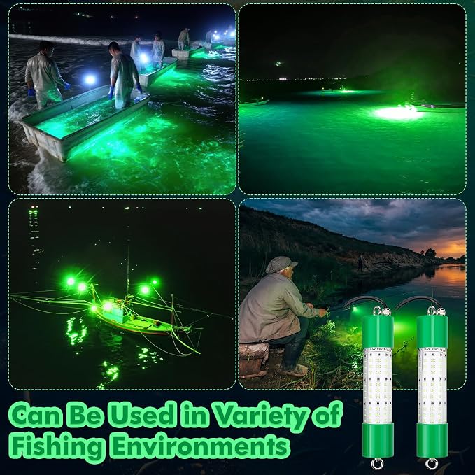 VIHOSE 2 Pack 70w 12v LED Underwater Fishing Light: Ip68 Green Waterproof Light 72 LEDs 18ft Fish Attractor for Boat Dock Night Fishing Snook Crappie Compatible with Battery Clips Cigarette Lighter