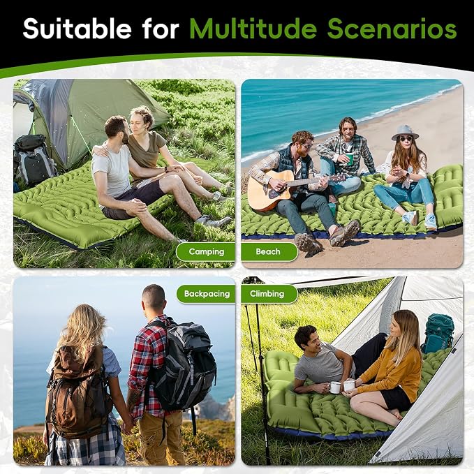 Double Sleeping Pad, Ultralight Self Inflating Camping Sleeping Pad for 2 Person with Pillow, Built-in Foot Pump, Portable Camping Mat for Backpacking, Hiking, Beach, Travel Tent