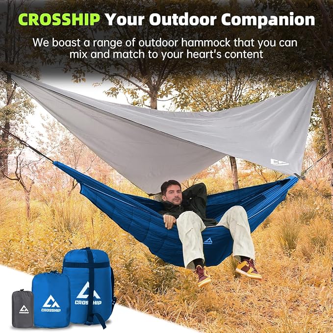 Camping Hammock with Mosquito Net, Underquilt & Rain Fly Tarp – 2 Person Portable Hammock Set for Hiking, Backpacking, Travel, Backyard, Beach – Holds Up to 500lbs (Blue)