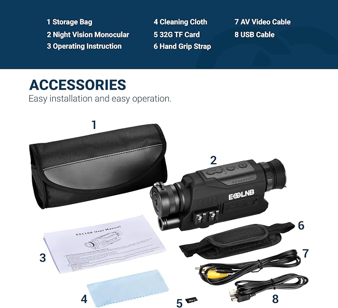 ESSLNB Night Vision Monocular, 6x32 Night Vision Infrared Monocular, Portable Digital Night Vision Scopes for Day & Night Camping, Surveillance, 1080P Full HD Photo & Video