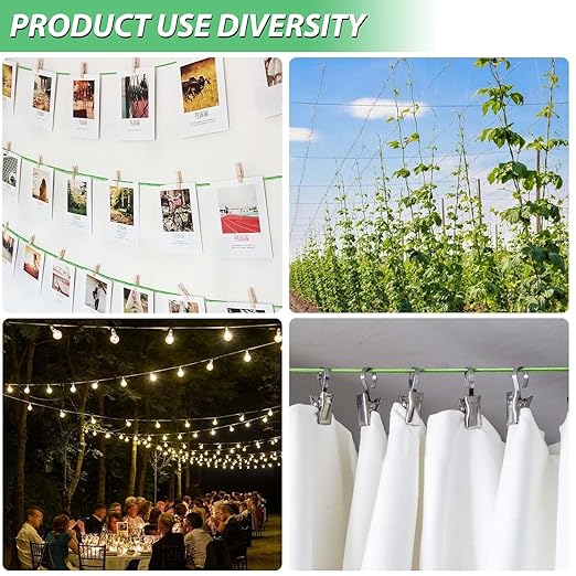 50Ft Clothes Line Outdoors, Green PVC Coated Steel Cable Clip Kit, Multi-use Turnbuckles for Cables Wires/Clothesline Wire/Grape Vine/String Light Hanging Kit