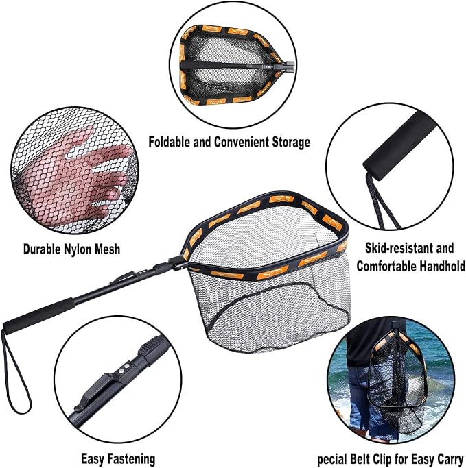 PLUSINNO Floating Fishing Net for Steelhead, Salmon, Fly, Kayak, Catfish, Bass, Trout Fishing, Rubber Coated Foldable Landing Net with Fixed or Telescoping Pole Handle, Fishing Gear and Gifts for Men