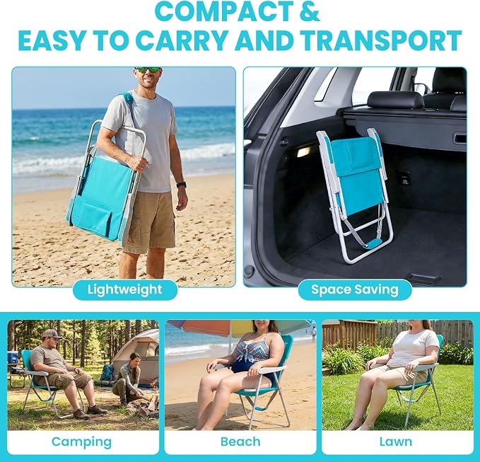 #WEJOY Folding Beach Chair for Adults, Lightweight Beach Chair with Shoulder Straps, High Back Camping Chairs with Hard Armrest, Supports 300lbs for Outdoor Lawn Concert