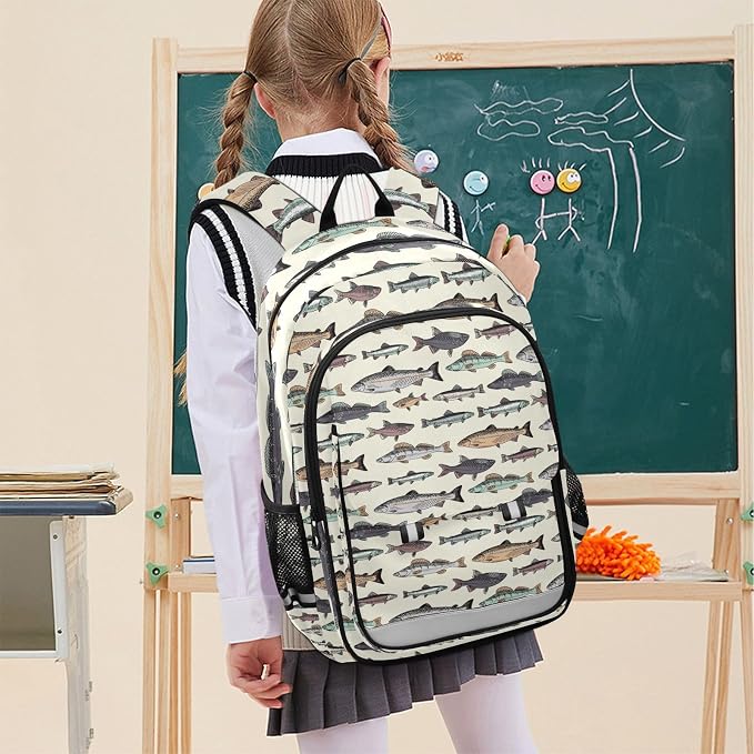 Vintage Fishes School Backpack Laptop Travel Daypack for Kids Girls Boys, Personalized Computer Notebooks Bookbag with Adjustable Padded Straps